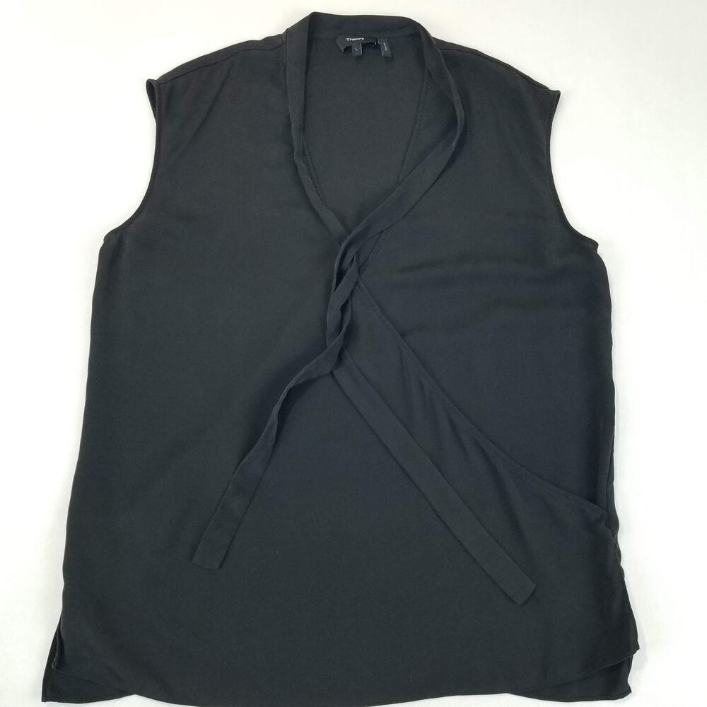 Theory Top Womens Large Black Silk Relaxed Wrap V Sleeveless Tank Blouse